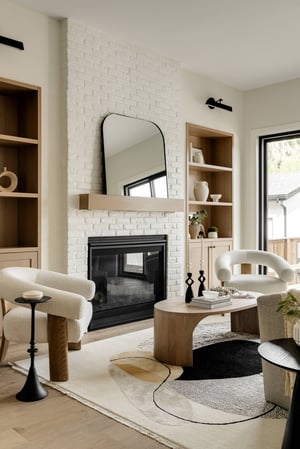 Stylish living space with brick fireplace and wood accents in Altadore, Calgary by Bright Custom Homes